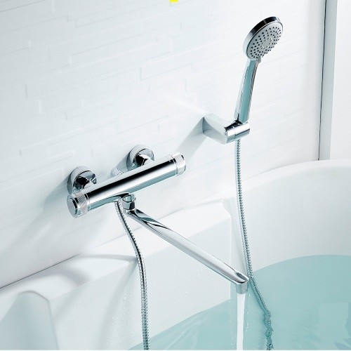 Смеситель ванна кнопочный LEDEME нажимной механизм, длинный поворотный излив 35 см.,  L2276